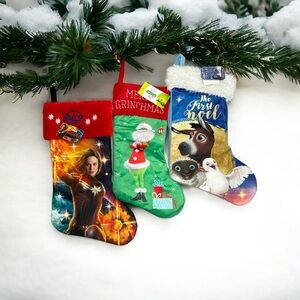 3 Christmas Stockings- The Grinch- Captain Marvel- Movie “The Star” 15”x 11”